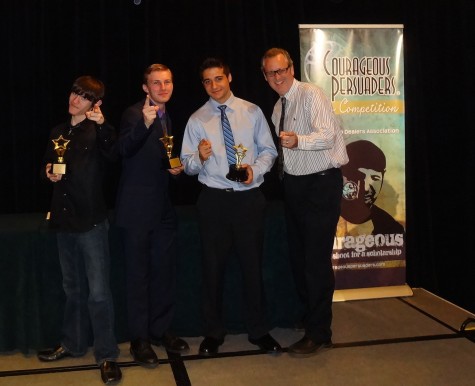 David Chapman, Andrew Sokolowski, Kyle Reineer, and Mr. Flanagan celebrate the win with Courageous Persuaders.