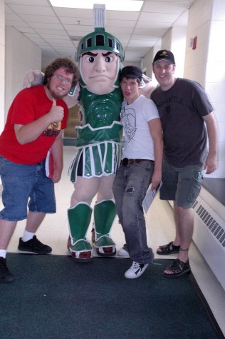 Summer MIPA Camp Editors Aaron Hamel, Sparty, Kyle Snarski, and adviser Jamie Flanagan