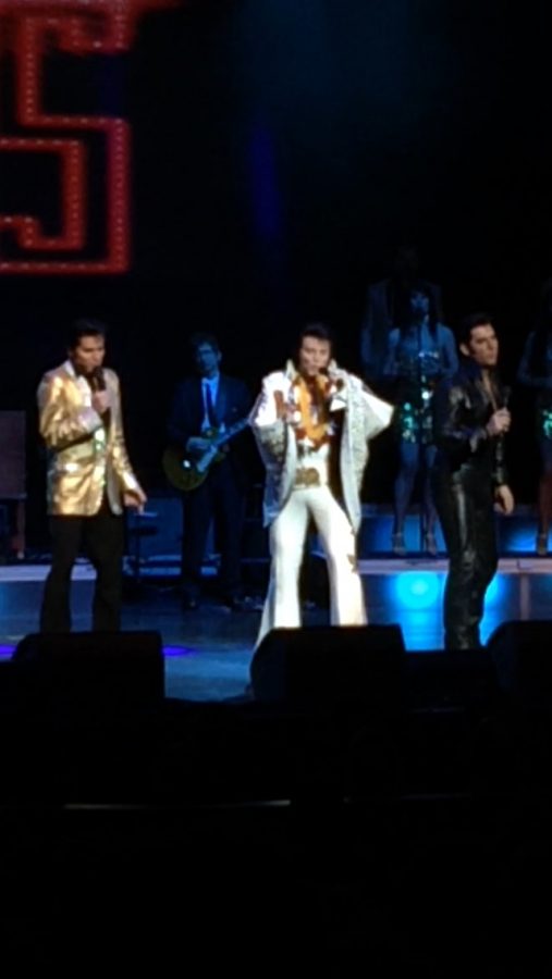 The Early Years and Comeback Elvis, Dean Z, the Movie Elvis, Jay Dupis, , and Concert Elvis , Bill Cherry, all join together for a Cant Help Falling In Love finale at the Macomb Community College Performing Arts Center. 