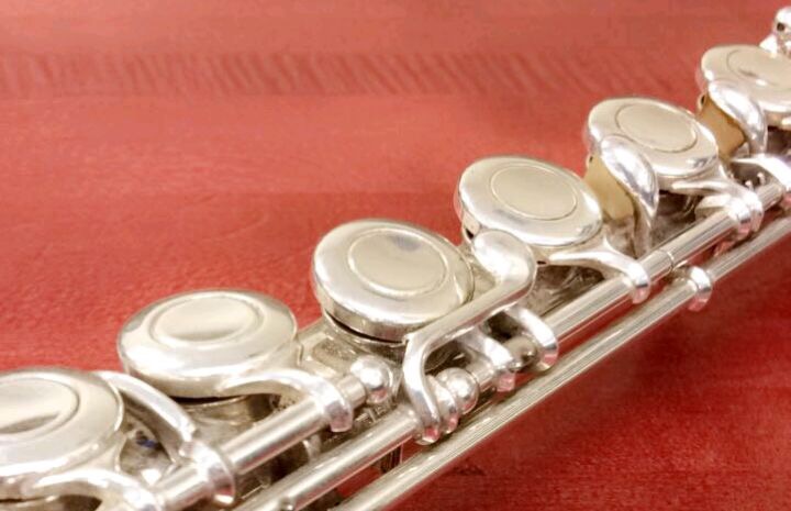 A student's flute sits in the band room, waiting to be played.