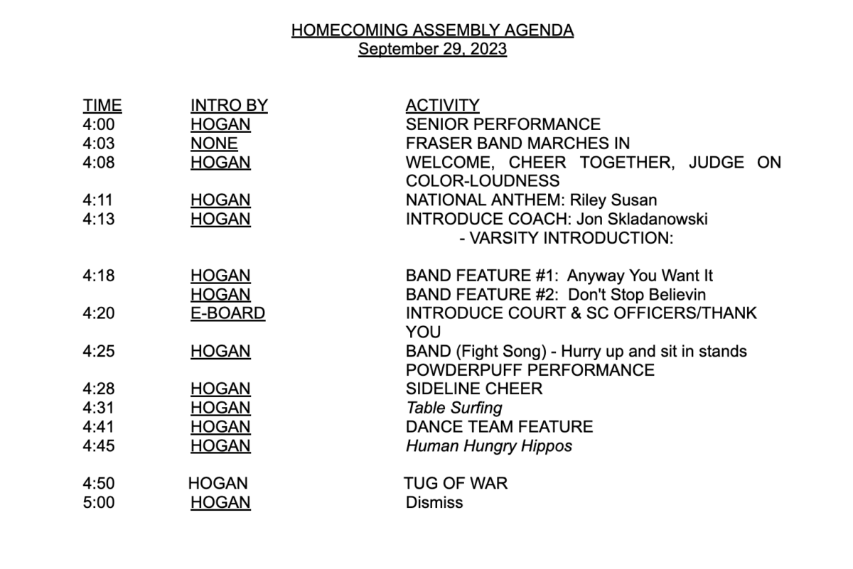 Tentative Pep Assembly Agenda from FHS Student Council