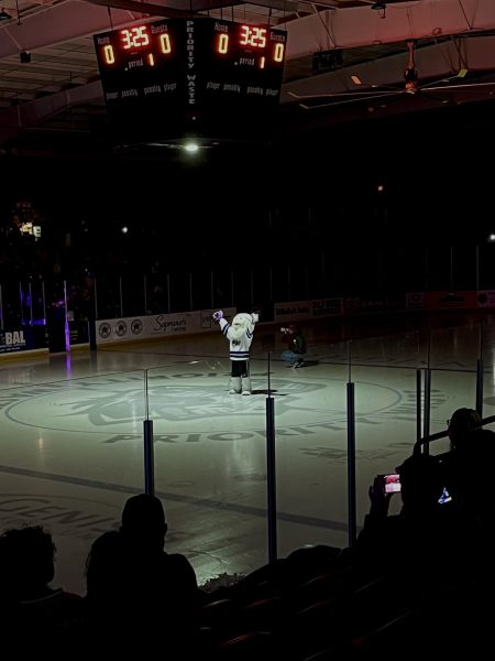 The Motor City Rockers mascot on the ice before the game. 